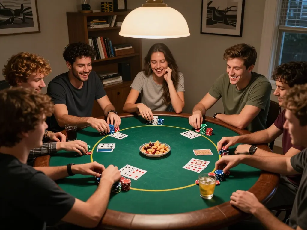 Friends celebrating a winning hand during poker night, highlighting harga toto opportunities in a friendly game.