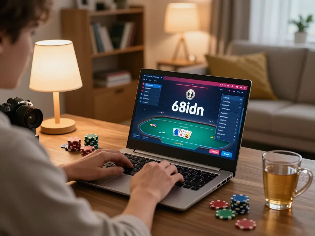 Pemain yang terlibat dalam permainan poker online di 68idn dari pengaturan rumah yang nyaman, menampilkan permainan yang strategis.