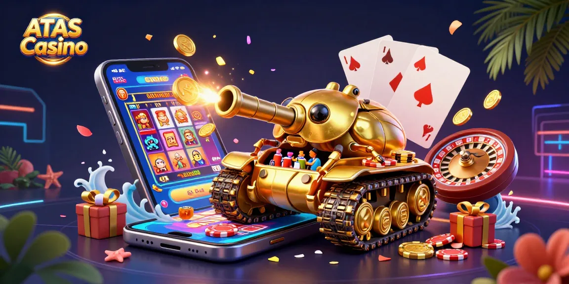 Engage in excitement at ATAS Casino with a vibrant scene featuring a golden beetle tank and dynamic gaming elements.