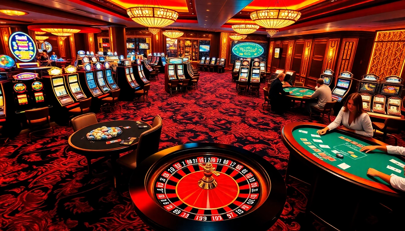 Situs11 gaming excitement with vibrant slot machines and poker tables showcasing thrilling bets.