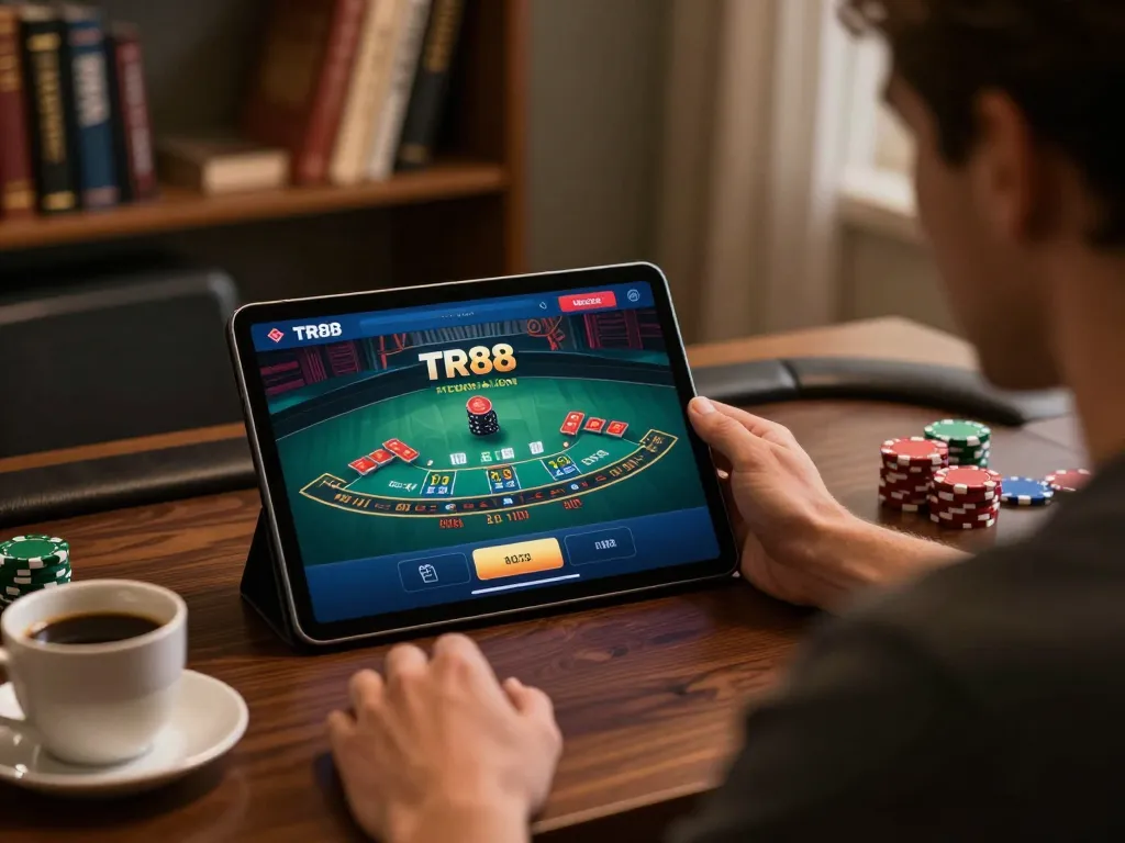 Engaging with TR88's live dealer blackjack from home, showcasing responsible online gambling