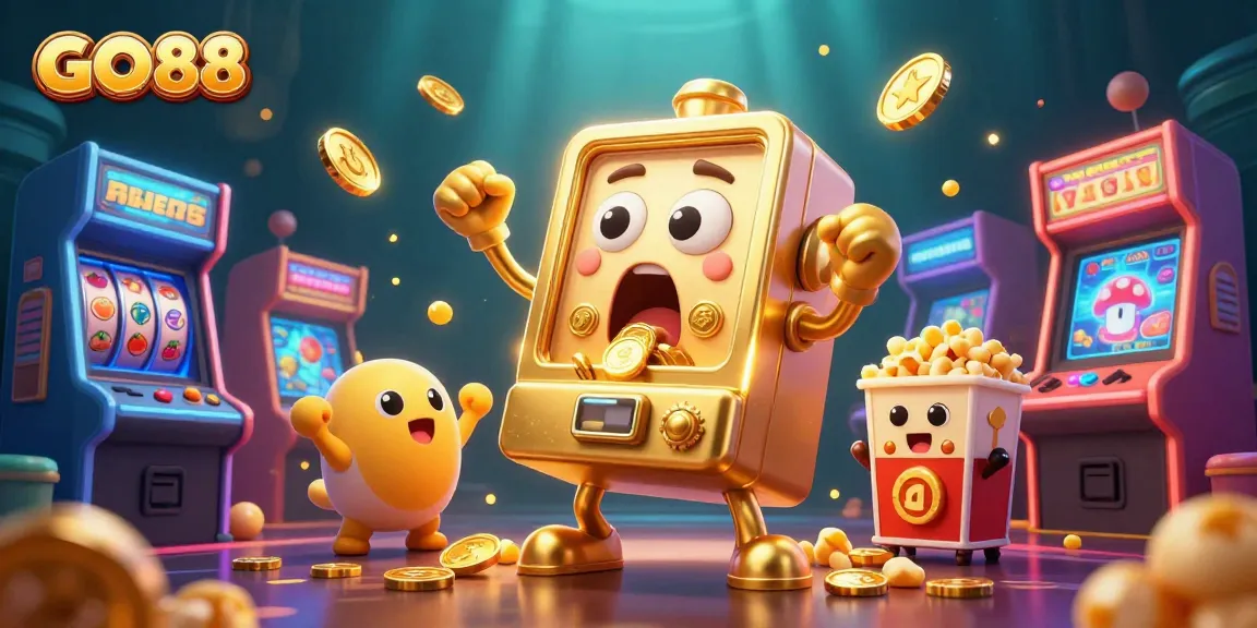 GO88 slot machine hitting a jackpot, with coins pouring out, surrounded by cheering baby slots and arcade elements.