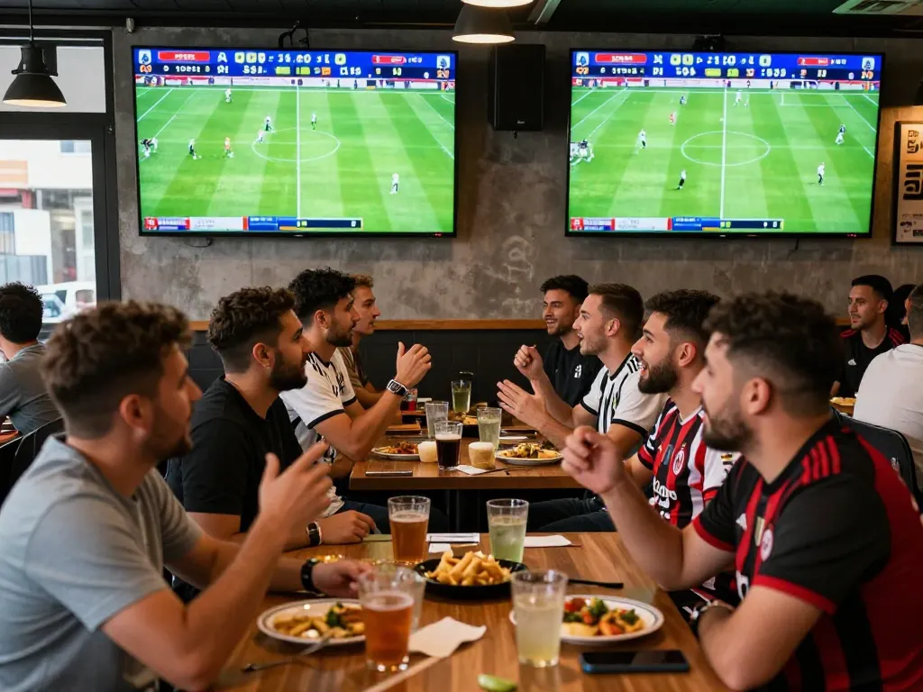 Soi kèo bóng đá ý enthusiasts enjoying a lively match in a sports bar filled with excitement and energy.