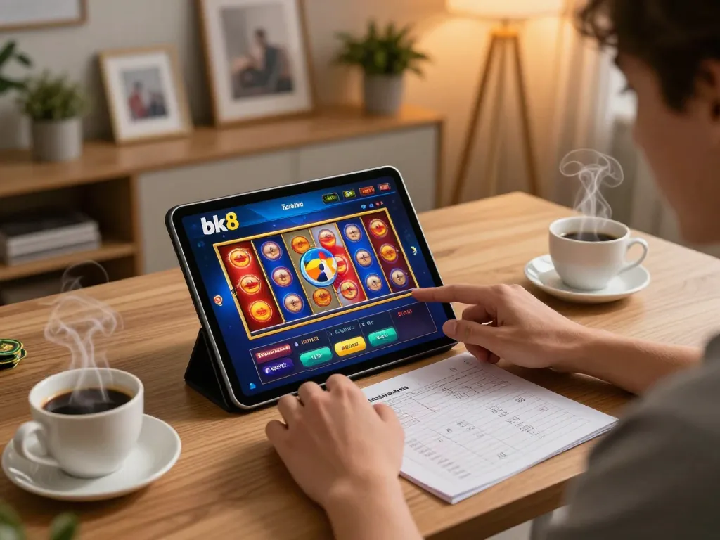 Player engaging in an exciting bk8 online casino game on a tablet at home, showcases vibrant slot reels and strategy notes.