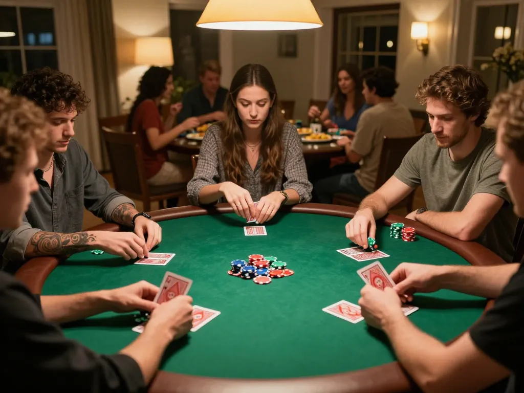 Players enjoying a competitive poker game night at home while strategizing their bets using 88aa games.