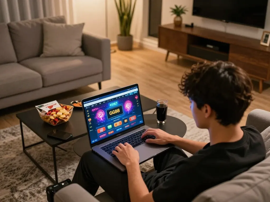 Player enjoying an online gaming session on GG88 site from home with cozy atmosphere