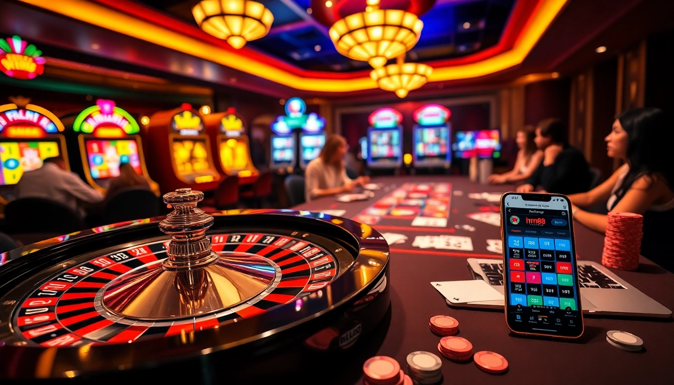 Players enjoy thrilling games at hm88 casino, featuring a stylish roulette wheel and vibrant slot machines.