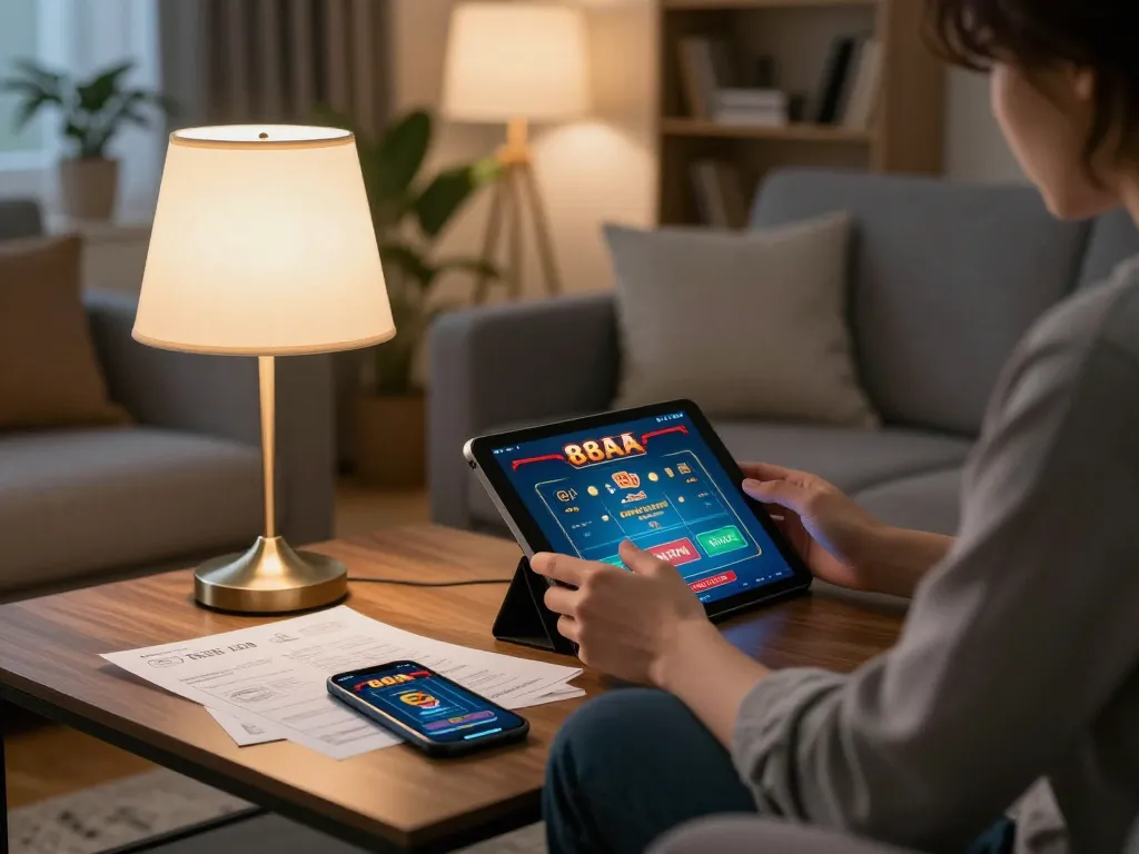 Engaging in 88aa online gaming on a tablet in a cozy living room setting.