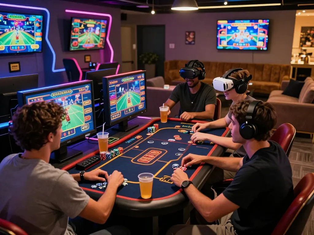Diverse friends engaging in thrilling online gaming experience with mb 66 at a stylish table.