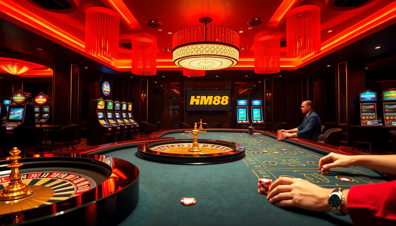 Exciting casino scene featuring HM88 branding with luxurious roulette and poker tables.