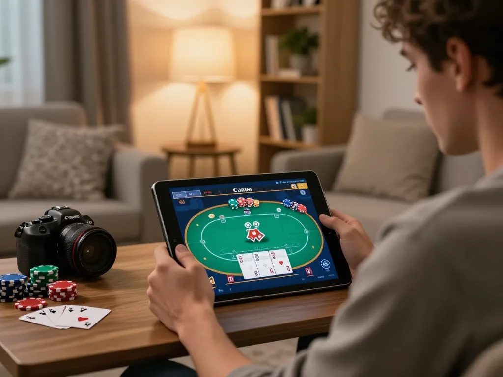 Player enjoying SC88 online gaming experience on tablet at home, showcasing strategic poker gameplay.