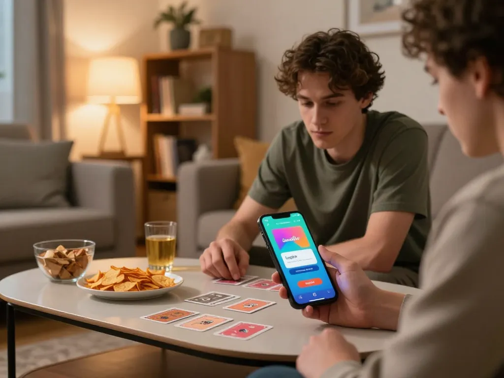 Dewalive Login action on a mobile app with chips and cards on a coffee table in a cozy living room.