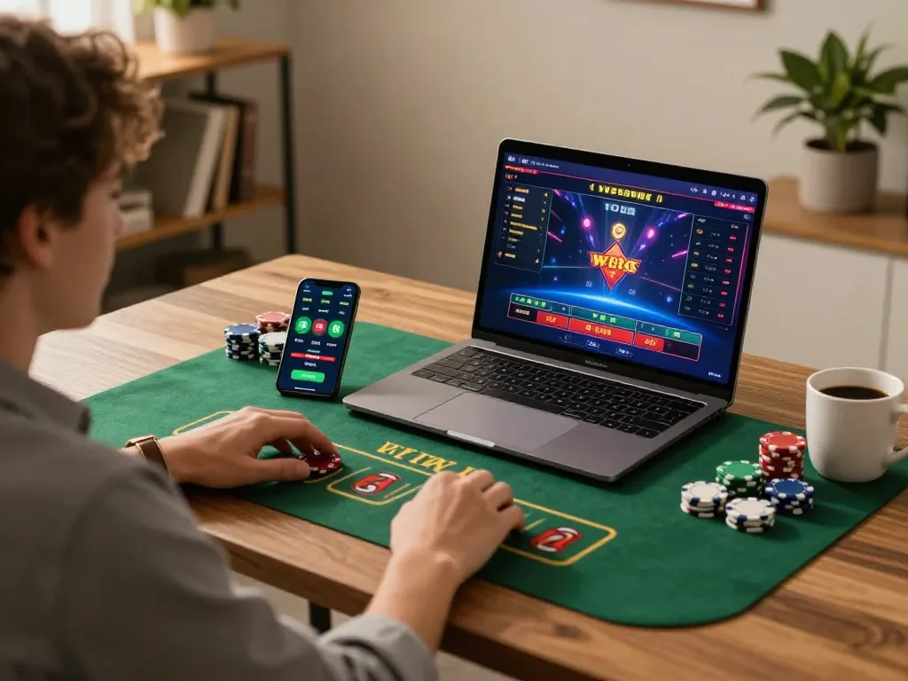Engaging in online gaming with W88 on laptop, showcasing colorful casino interface and poker chips