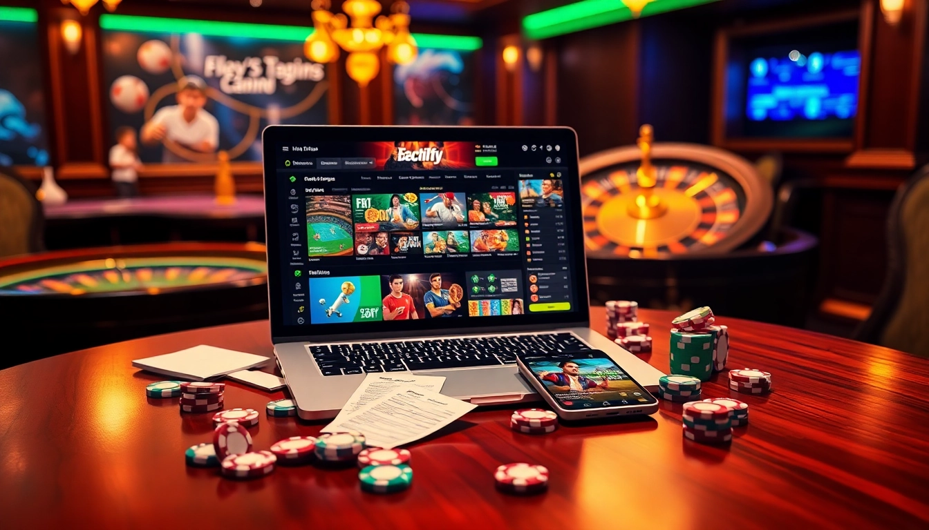 Situs Judi Bola: A luxurious online gambling setup with betting slips and poker chips.