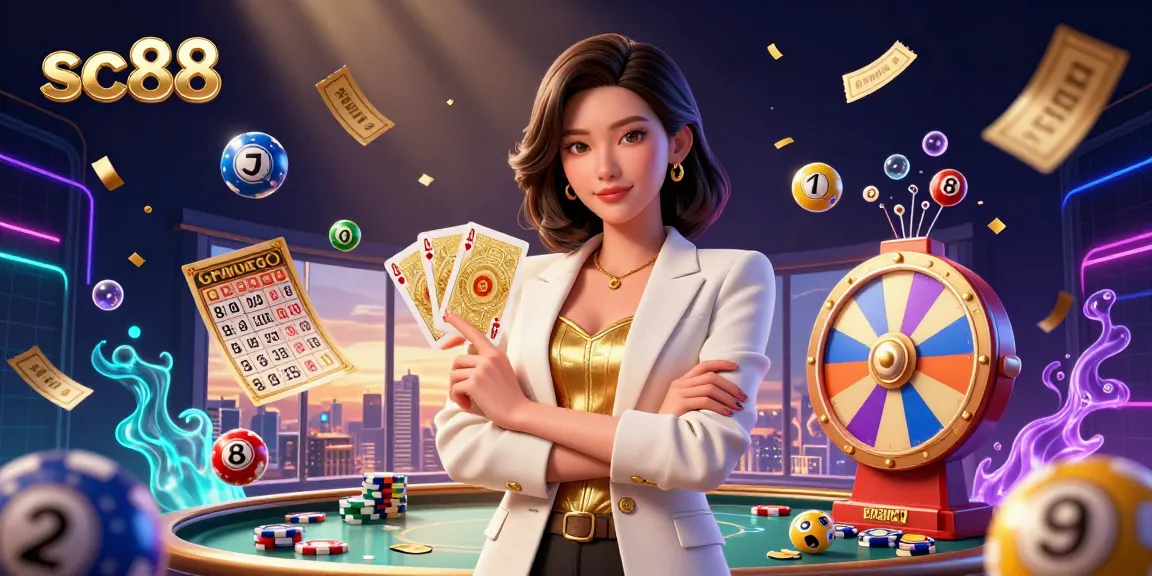 Experience the excitement of sc88 gaming with a glamorous Asian dealer and vibrant lottery elements.