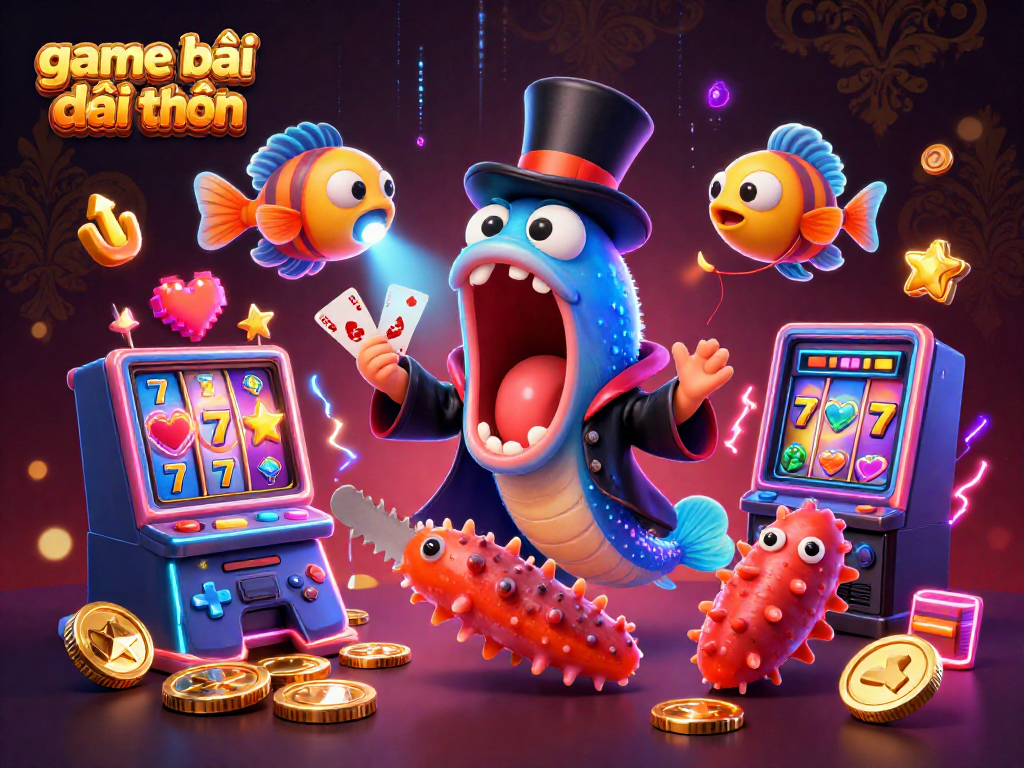 Experience game bài đổi thưởng magic with a bioluminescent eel, anglerfish, and a clever sea cucumber in a vibrant casino scene.