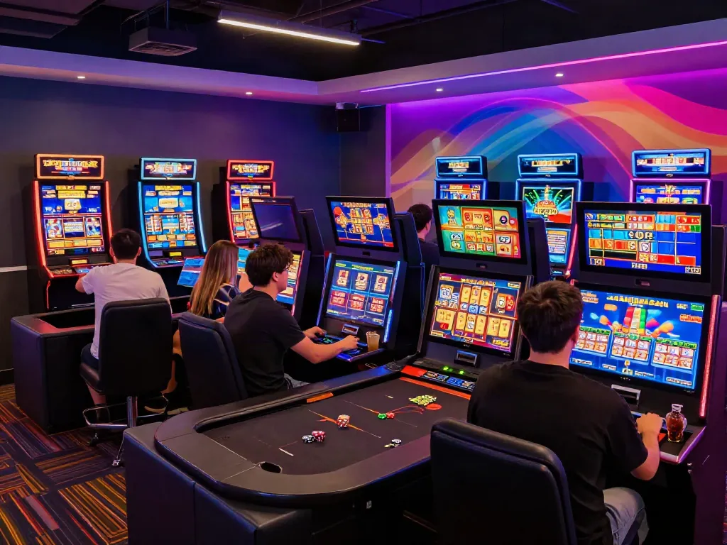 Players enjoying akunjp online gaming with vibrant slot machines in modern lounge.