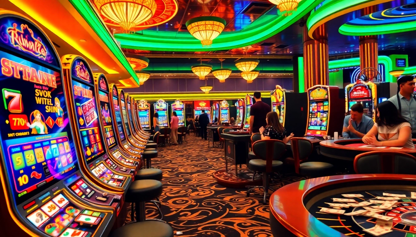 Area agen slot yang ramai dengan mesin slot berwarna-warni dan pemain yang antusias menikmati permainan mereka.