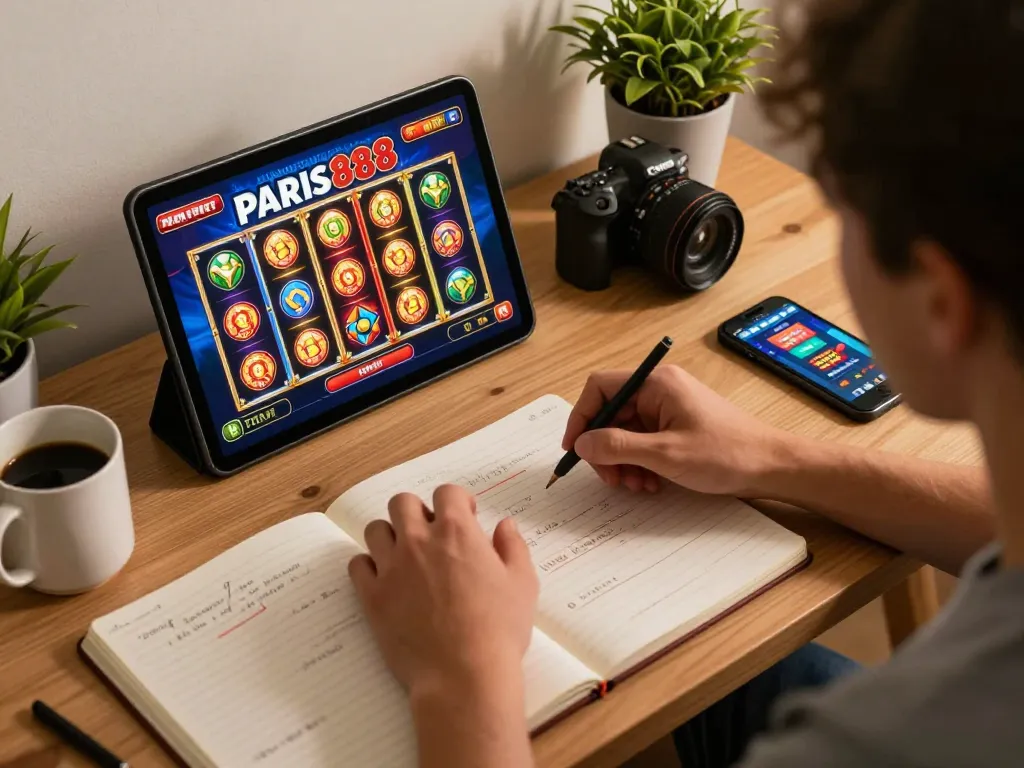 Player enjoying Paris888 slot games on a tablet, surrounded by strategy notes and a cozy setup.