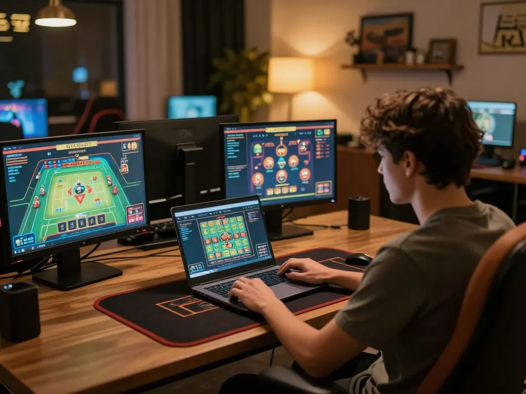 Player engaging in live dealer games at home on BK8, with a focused expression and modern gaming setup.