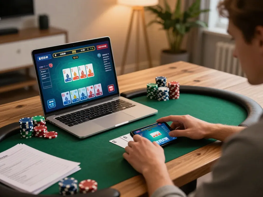F8BET user engaging in online poker gameplay on a laptop, showcasing strategic betting environment.
