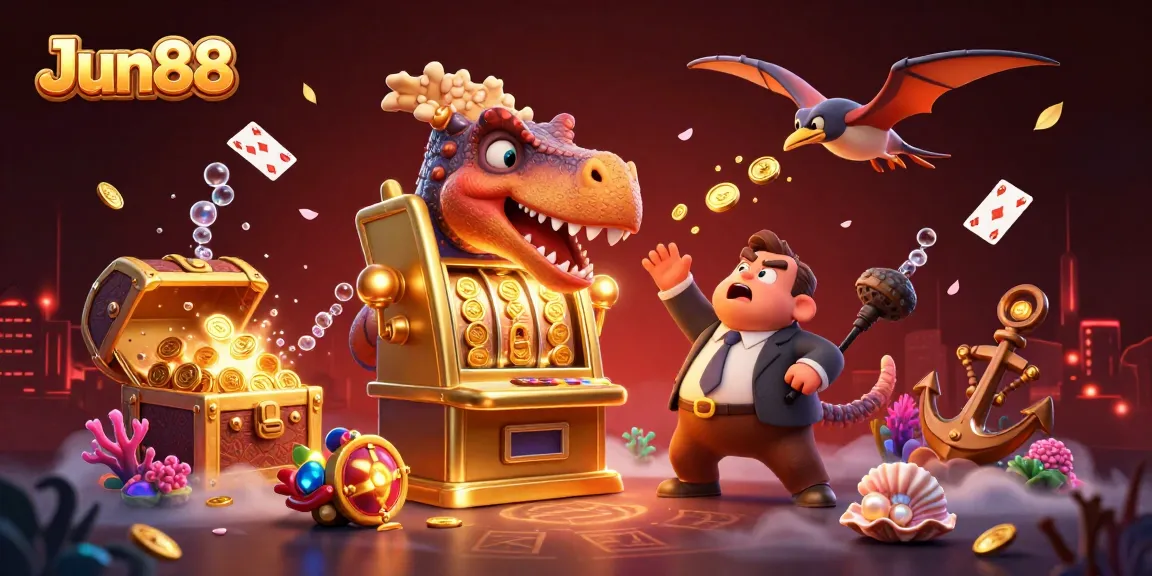 Experience thrilling victories at Jun88 with bright slot machines, golden coins, and lively casino characters.