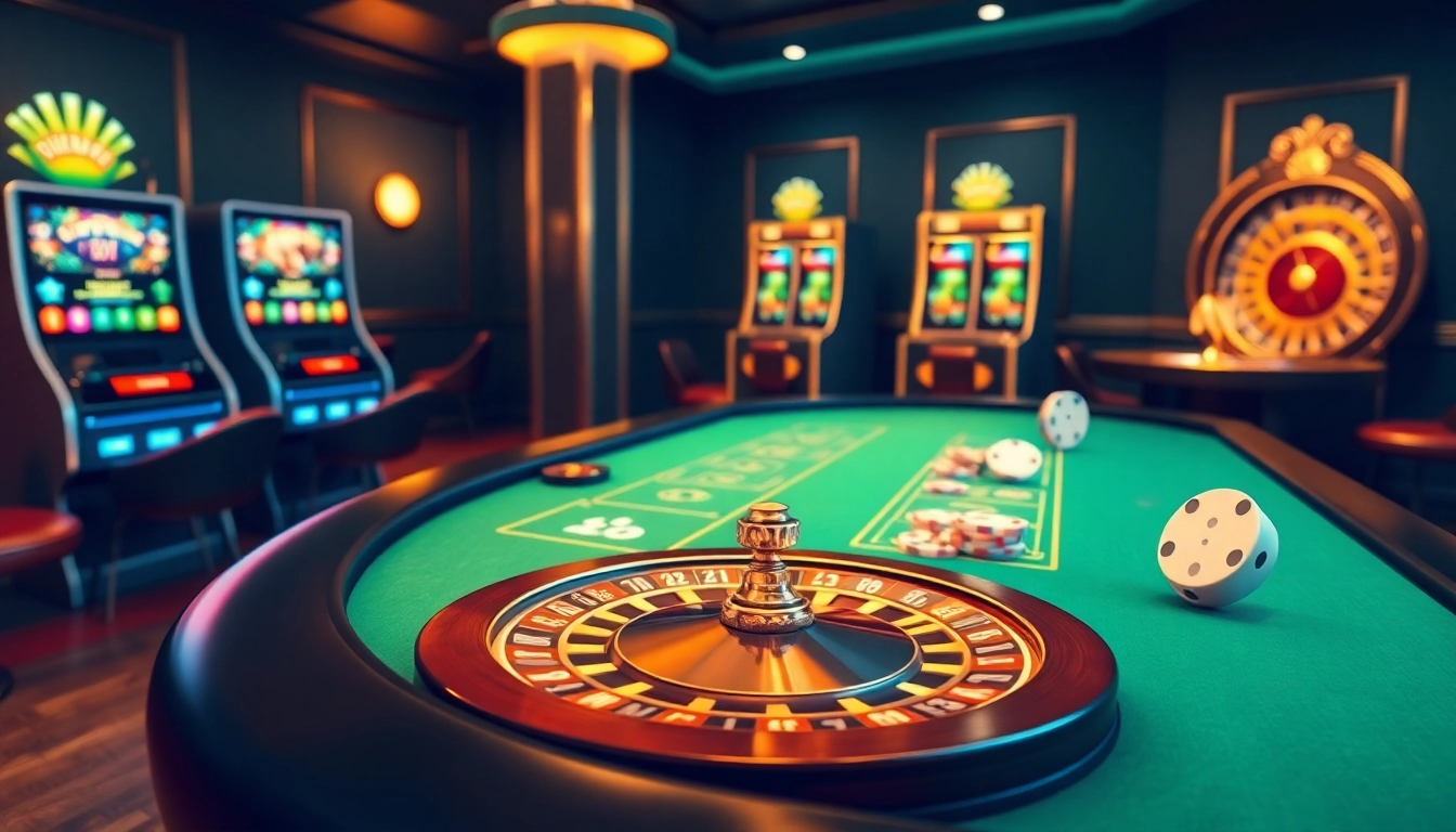 Engaging online gambling scene depicting situs toto with vibrant slot machines and poker tables.