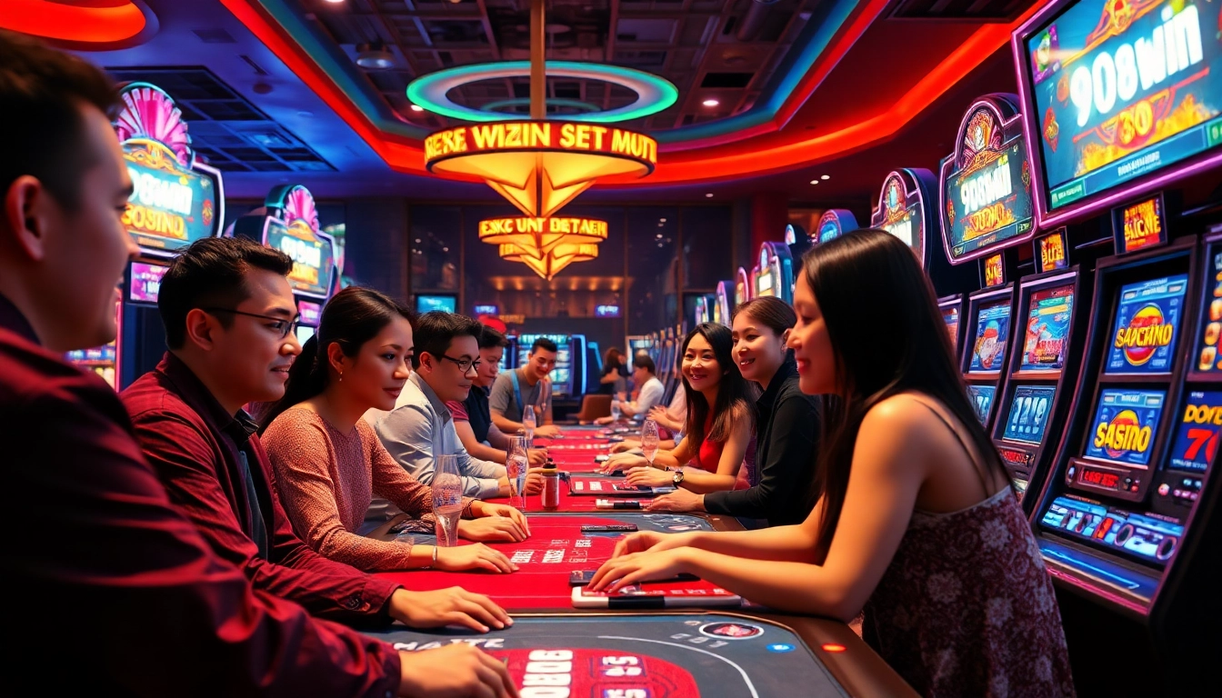 Exciting online casino atmosphere at 98win with players enjoying poker and slots.