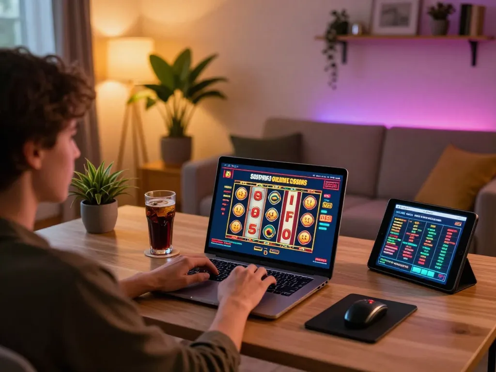 Engaging player using laptop for South African Online Casinos, showcasing thrilling gaming atmosphere.