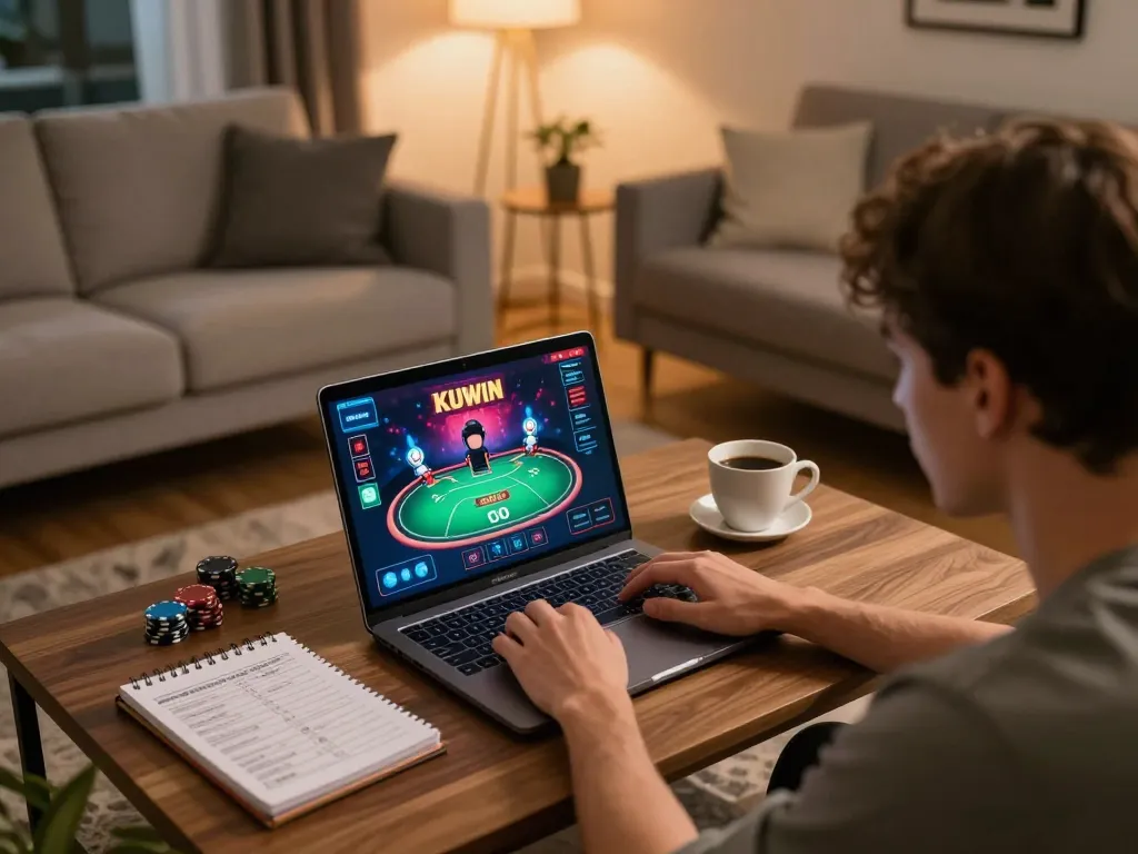 Kuwin online casino gameplay on laptop in a cozy home setting.