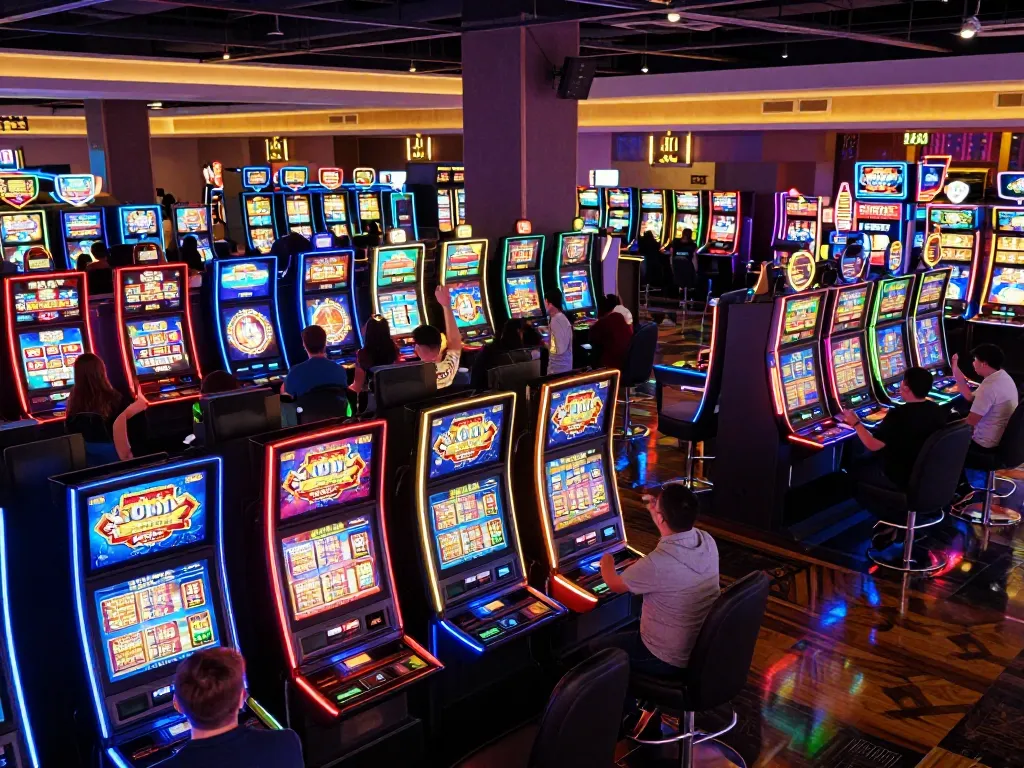 Players celebrating wins while spinning buy feature slots in a colorful casino atmosphere.