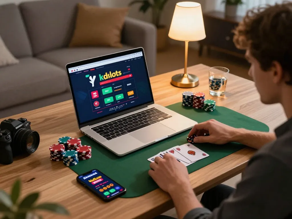 Engaging with kdslots online casino on a laptop at home, showcasing responsible gaming.