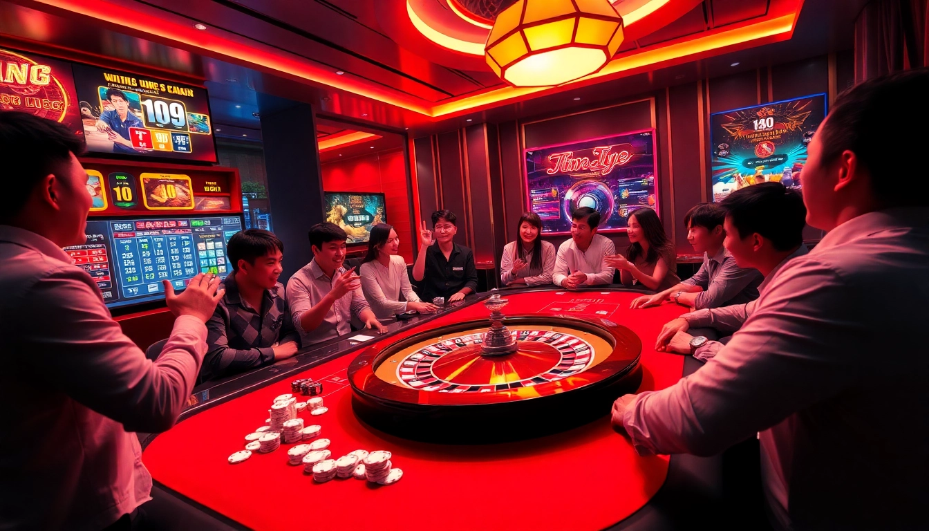 Jun88 players enjoying a vibrant online casino experience with poker chips and cards.