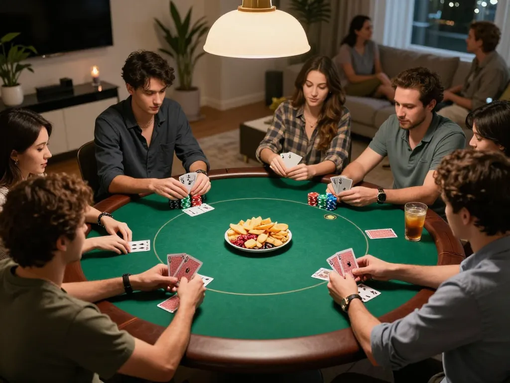 iwin poker players strategizing during home game night with vibrant atmosphere and chips