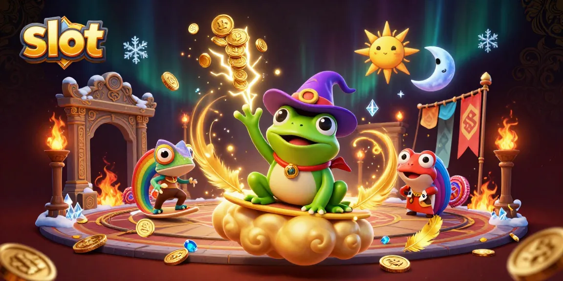 Slot online dengan karakter unik, hujan koin emas dan efek magis dalam ilustrasi menarik.