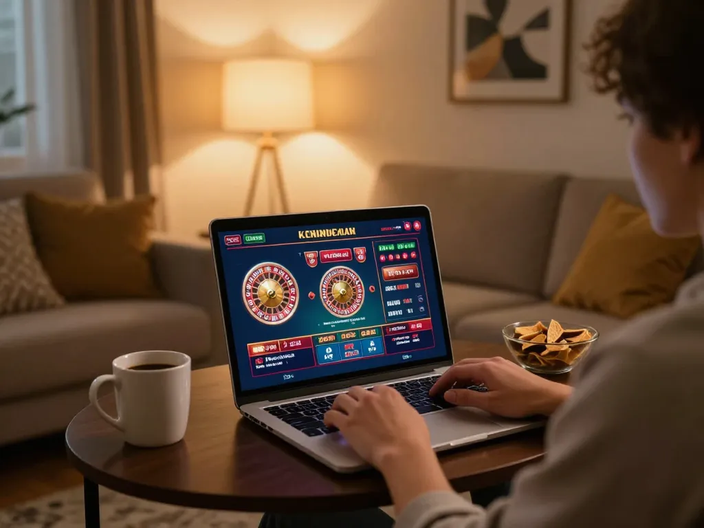 Enjoying an online betting session with cm88 on a stylish laptop, cozy home environment.
