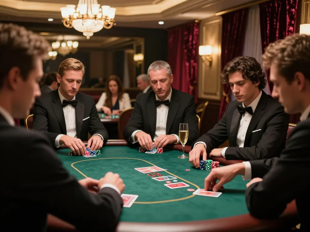 Các người chơi LUCK8 đang lập chiến lược tại một trò chơi poker cược cao trong một phòng VIP sang trọng