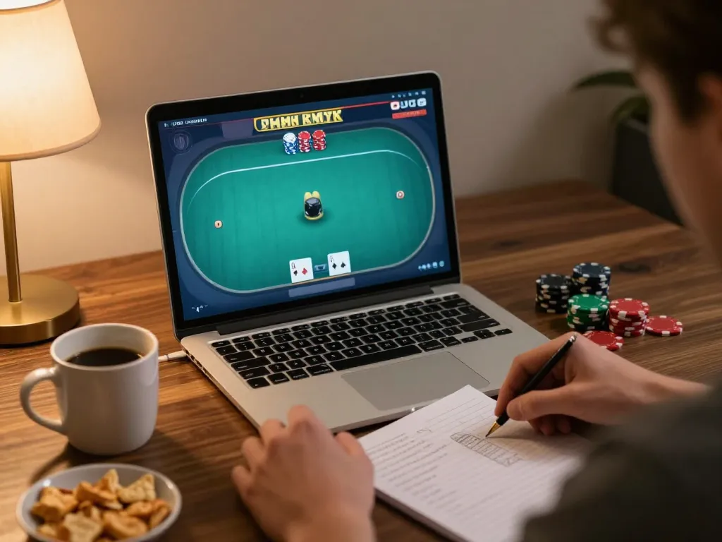 Engage in online poker gameplay at trang chu lc88 in a cozy home setting with strategy notes.