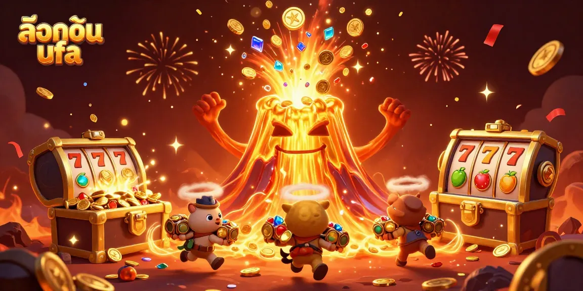 Engage in thrilling gameplay with ล็อคอิน ufa, featuring a vibrant scene of a golden volcano surrounded by riches.