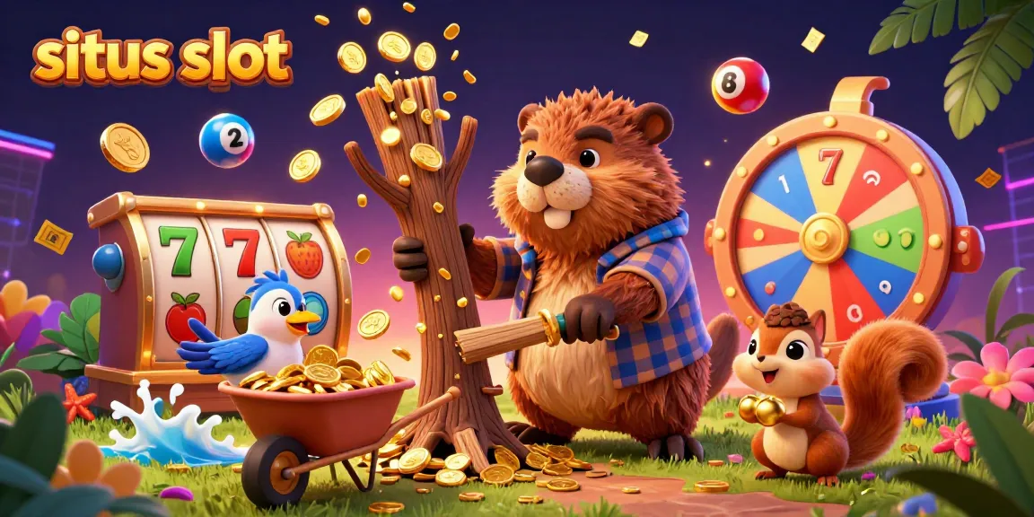 Experience the excitement of situs slot with a colorful scene featuring a beaver, bird, and squirrel among vibrant gambling elements.