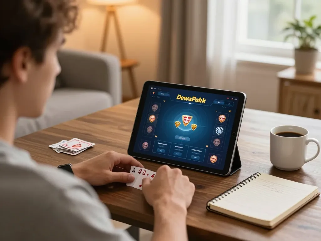 Engaging poker gameplay on DewaPoker tablet at home, showcasing strategic focus and responsible gaming.