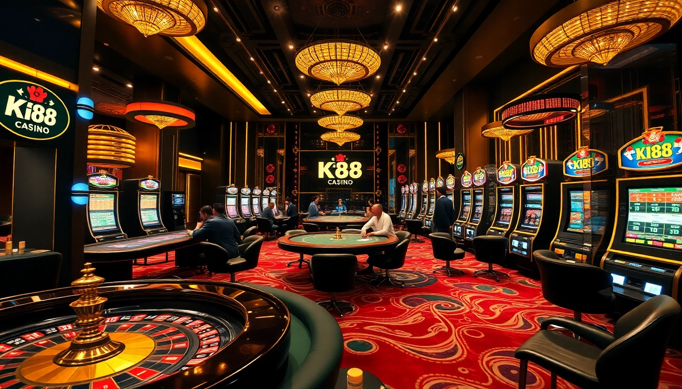 K88 players engaging at casino tables, showcasing excitement in a vibrant gambling environment.
