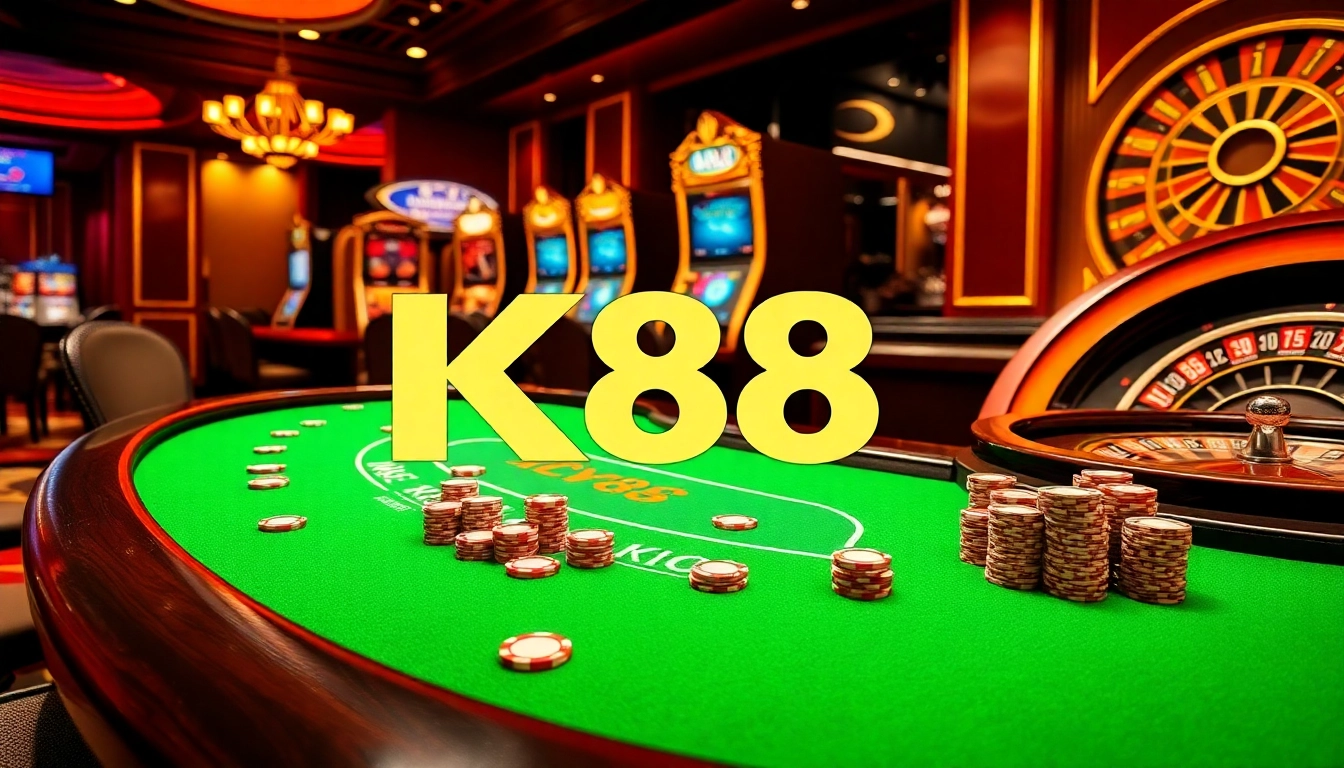 K88 casino scene with vibrant gaming table, poker chips, and a roulette wheel for thrilling gambling excitement.