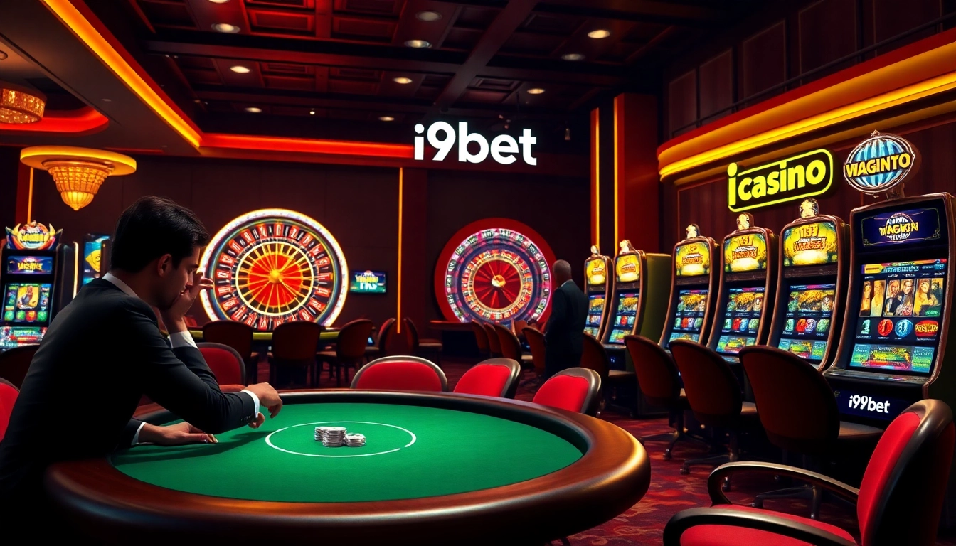 Engage in thrilling online gaming at i9bet with a luxurious casino ambiance featuring a vibrant roulette wheel and poker table.