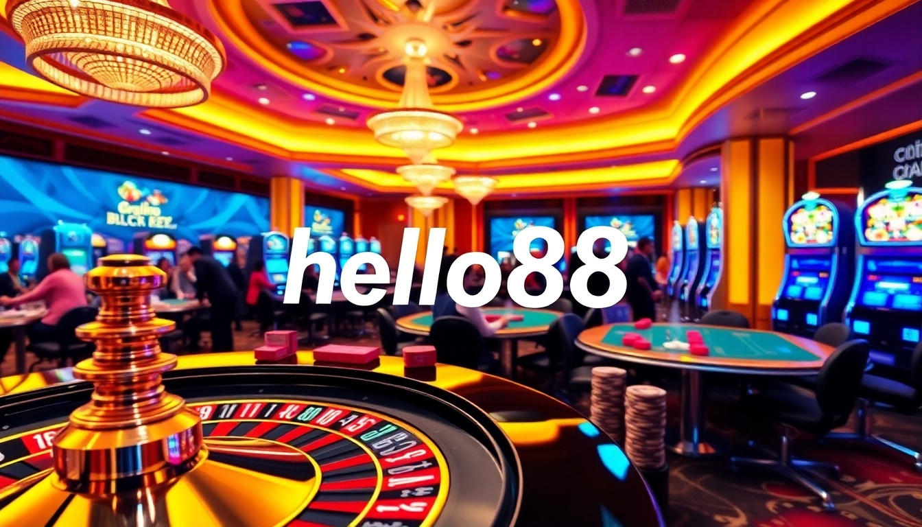 Players enjoying casino games at Hello88, with lively roulette and slot machines in view.