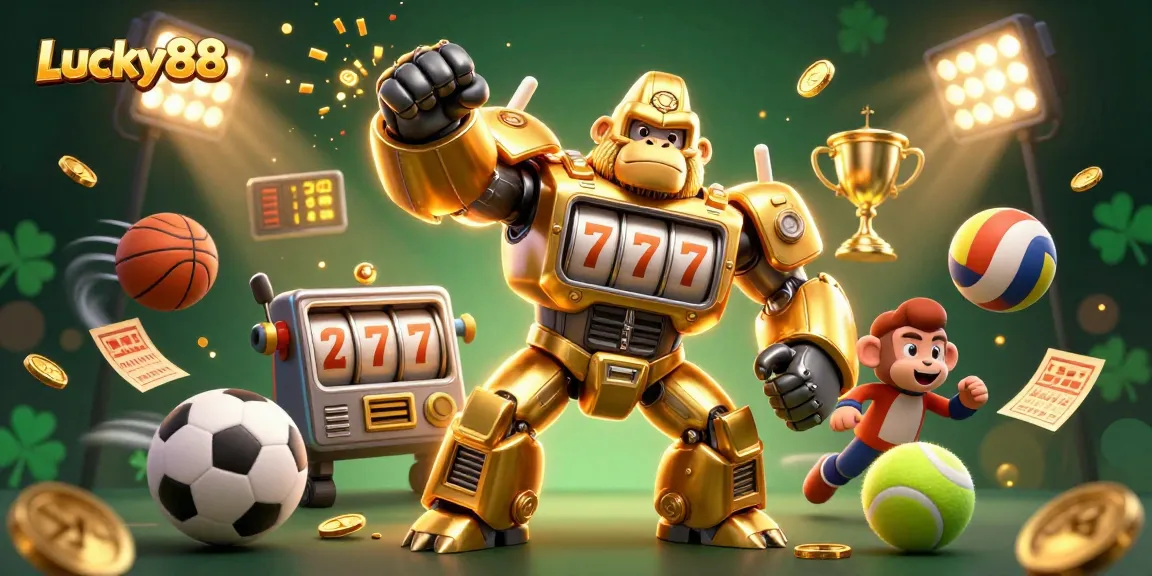 Experience exhilarating action with Lucky88 through a vibrant 3D casino-themed illustration featuring dynamic gambling elements.