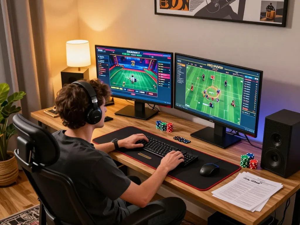 Player engaged in strategic gameplay at home casino setup, highlighting https://mk8th.net/ gaming features.