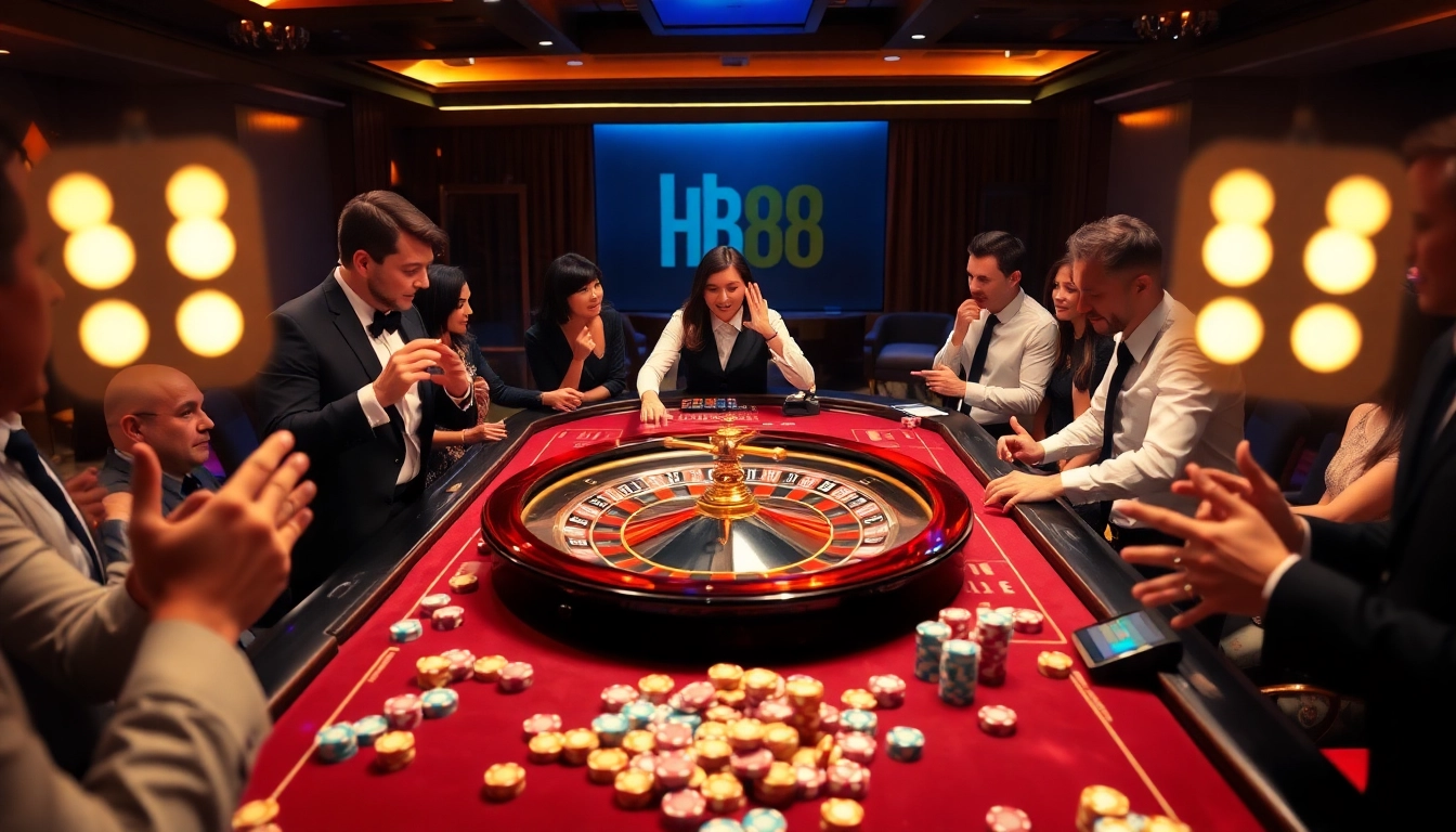 Engaged players at a luxury casino table during an hb88 gaming session, surrounded by colorful chips.