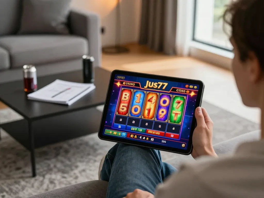 Engaging in the jus77 online slot gaming experience on a tablet in a modern living room.