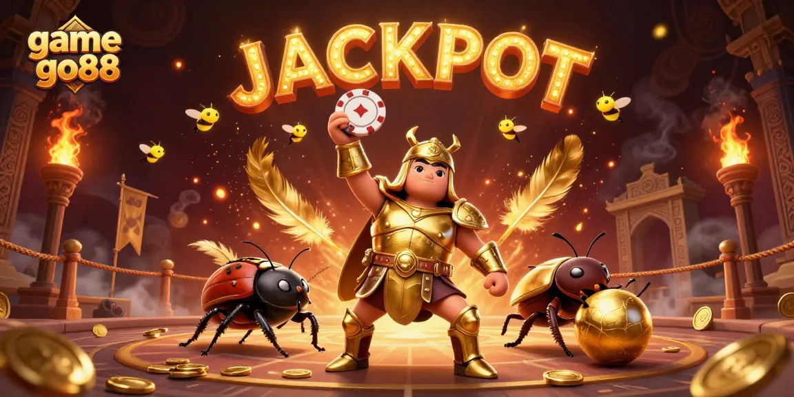 Experience game go88 excitement as cartoon beetles celebrate a jackpot amidst dynamic casino visuals.